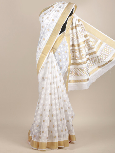 

Pothys White & Gold-Toned Zari Chanderi Saree