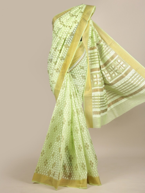 

Pothys Green & White Ethnic Motifs Chanderi Saree