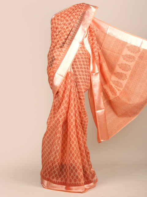 

Pothys Orange & Silver-Toned Ethnic Motifs Zari Chanderi Saree