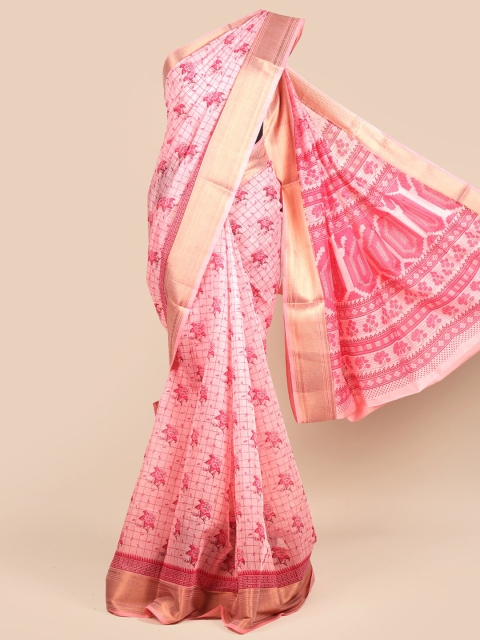 

Pothys Pink & Gold-Toned Ethnic Motifs Chanderi Saree