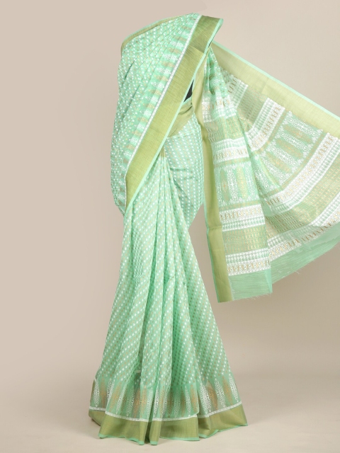 

Pothys Green & White Ethnic Motifs Zari Chanderi Saree