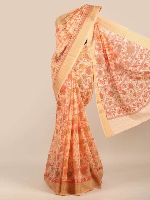 

Pothys Coral & Green Floral Zari Chanderi Saree