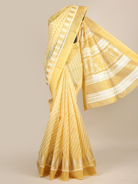 

Pothys Yellow & White Ethnic Motifs Zari Chanderi Saree