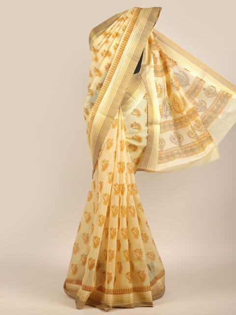

Pothys Yellow & Orange Ethnic Motifs Zari Chanderi Saree