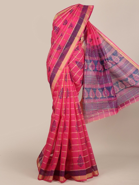 

Pothys Magenta & Blue Ethnic Motifs Zari Chanderi Saree