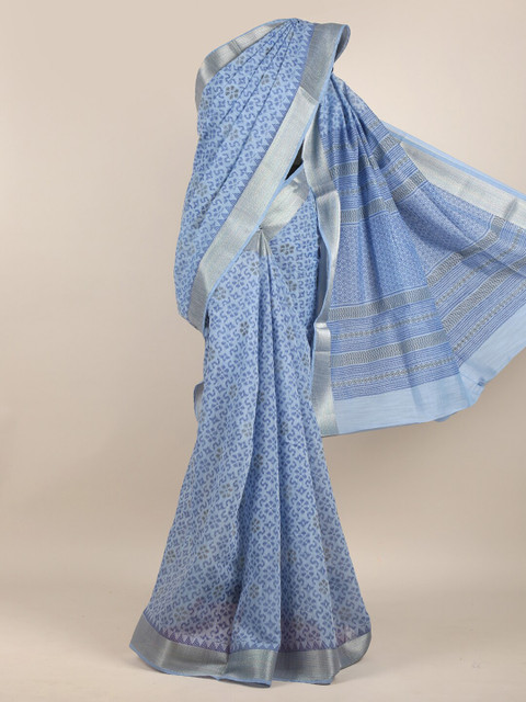 

Pothys Blue & Silver-Toned Zari Chanderi Saree