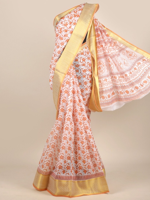 

Pothys Off White & Orange Floral Zari Chanderi Saree