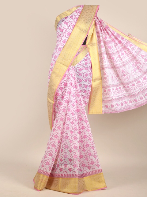 

Pothys Pink & White Ethnic Motifs Zari Chanderi Saree