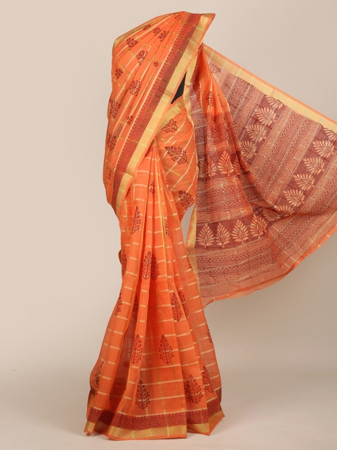 

Pothys Orange & Brown Floral Zari Chanderi Saree