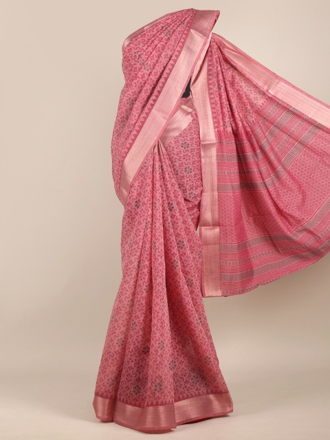 

Pothys Pink & Copper-Toned Floral Chanderi Saree