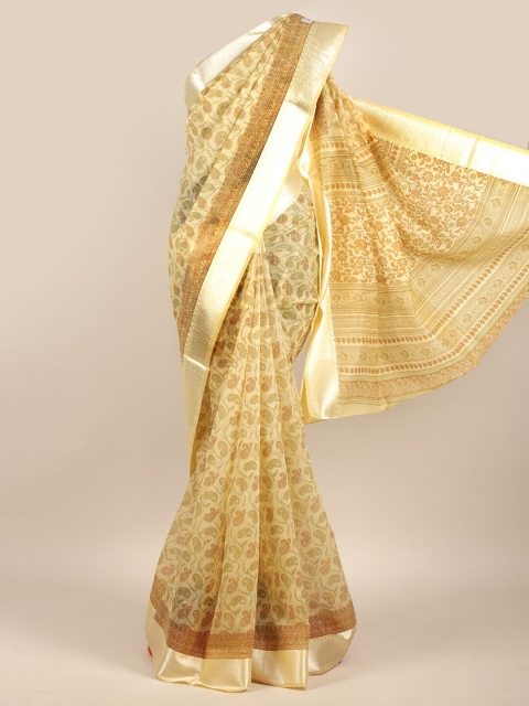 

Pothys Yellow & Brown Ethnic Motifs Zari Chanderi Saree