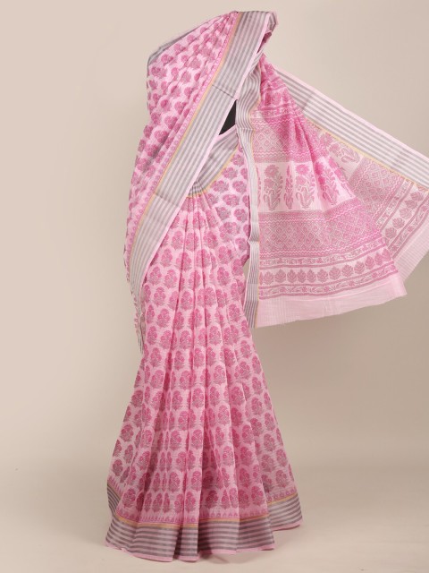 

Pothys Pink & Grey Ethnic Motifs Chanderi Saree