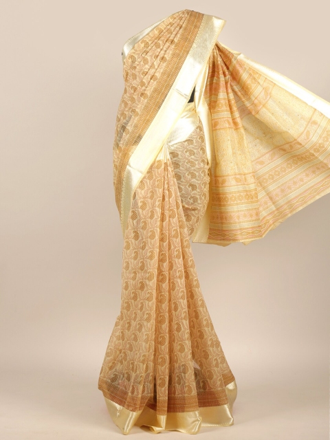 

Pothys Cream-Coloured & Brown Paisley Zari Chanderi Saree