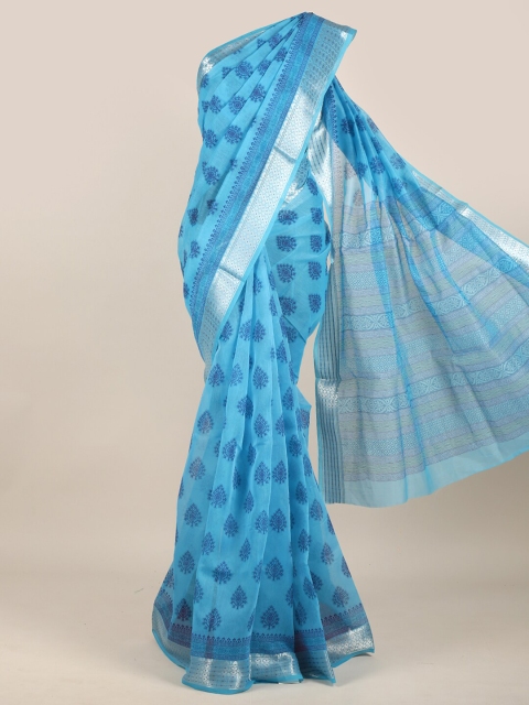 

Pothys Blue & Silver-Toned Ethnic Motifs Zari Chanderi Saree