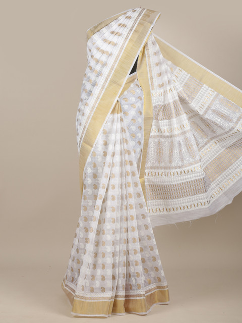 

Pothys White & Gold-Toned Ethnic Motifs Zari Chanderi Saree