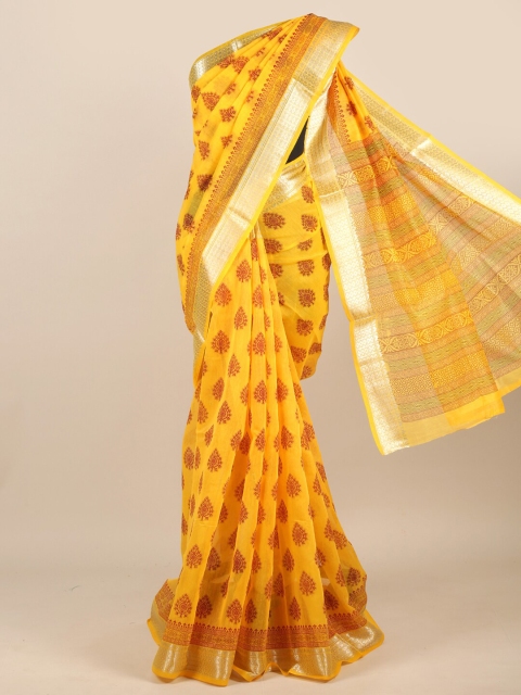 

Pothys Yellow & Red Ethnic Motifs Zari Chanderi Saree