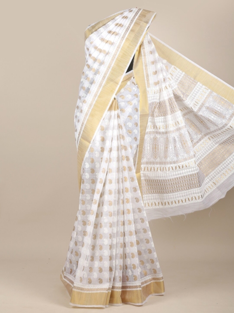 

Pothys White & Gold-Toned Ethnic Motifs Zari Chanderi Saree