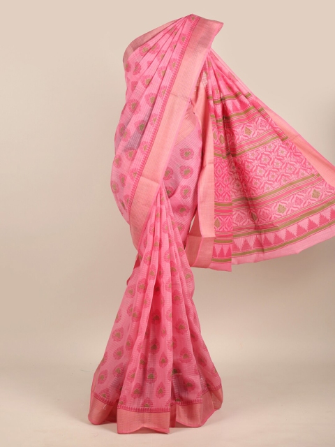 

Pothys Pink & Green Ethnic Motifs Zari Chanderi Saree