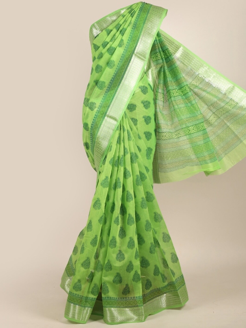 

Pothys Green & Silver-Toned Ethnic Motifs Zari Chanderi Saree