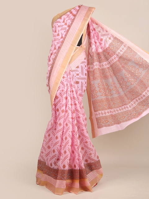 

Pothys Pink & Brown Ethnic Motifs Zari Chanderi Saree