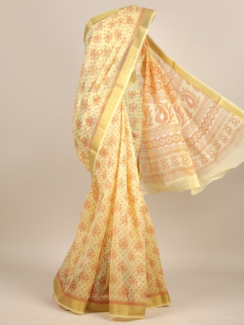 

Pothys Yellow & Orange Ethnic Motifs Zari Chanderi Saree