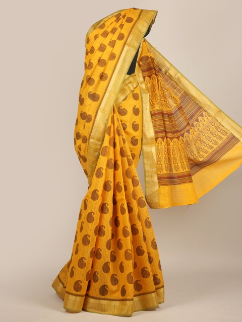 

Pothys Yellow & Brown Paisley Zari Chanderi Saree