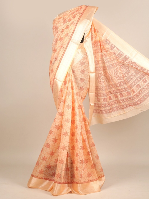 

Pothys Peach-Coloured & Brown Ethnic Motifs Chanderi Saree