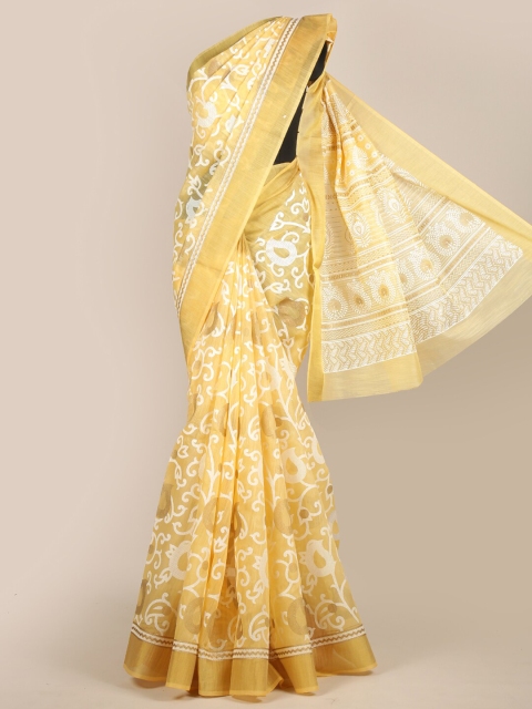 

Pothys Yellow & White Floral Zari Chanderi Saree