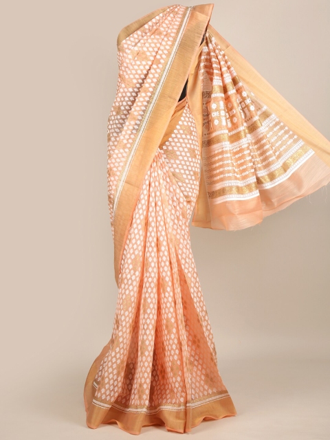 

Pothys Orange & White Ethnic Motifs Zari Chanderi Saree