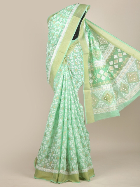 

Pothys Green & White Paisley Chanderi Saree