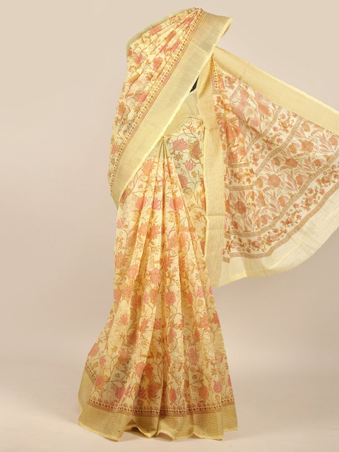 

Pothys Yellow & Pink Floral Zari Chanderi Saree
