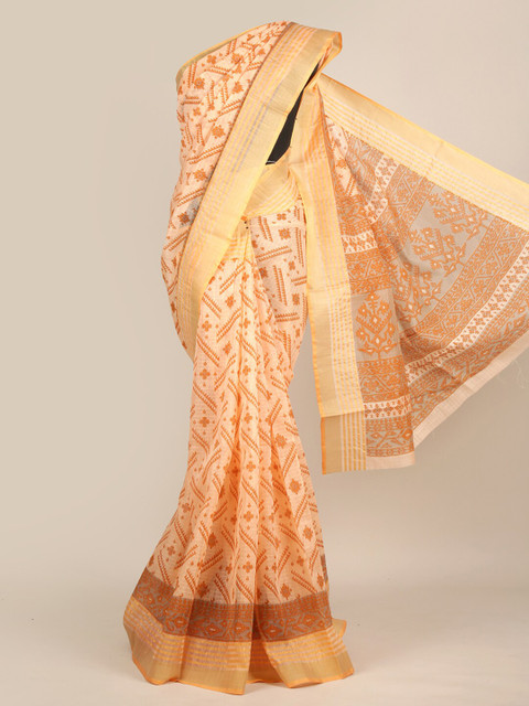 

Pothys Peach-Coloured & Orange Ethnic Motifs Zari Chanderi Saree