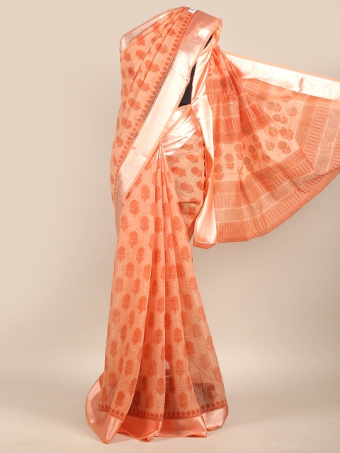 

Pothys Orange & Silver-Toned Ethnic Motifs Zari Chanderi Saree