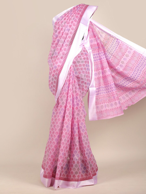 

Pothys Pink & Blue Floral Zari Chanderi Saree
