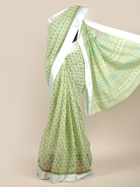 

Pothys Green & Silver-Toned Ethnic Motifs Zari Chanderi Saree
