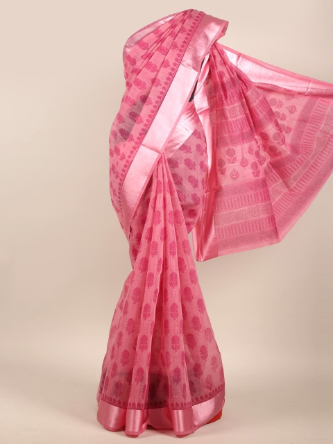 

Pothys Pink & Silver-Toned Ethnic Motifs Chanderi Saree