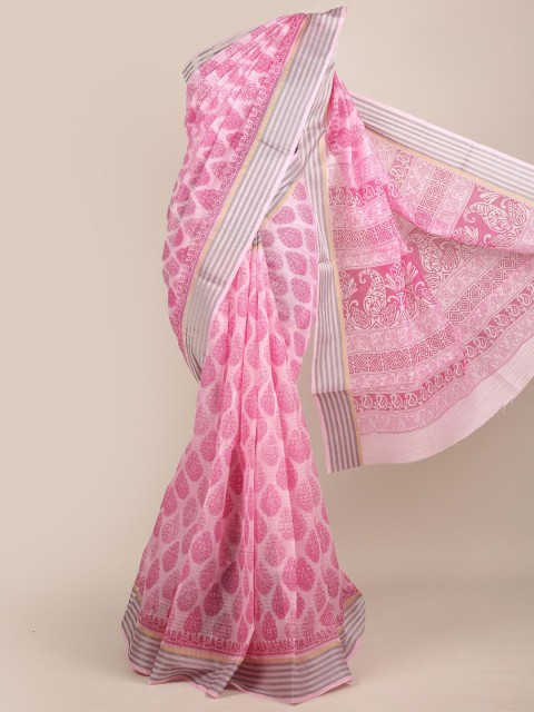 

Pothys Pink & White Ethnic Motifs Chanderi Saree
