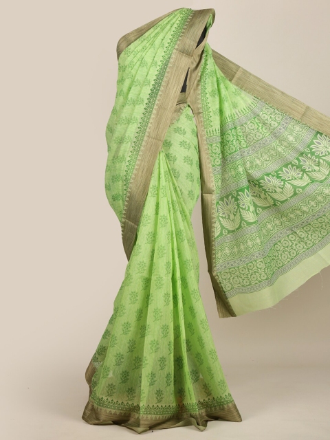 

Pothys Green & Gold-Toned Floral Chanderi Saree