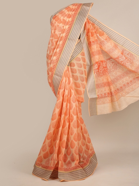 

Pothys Orange & Grey Ethnic Motifs Chanderi Saree
