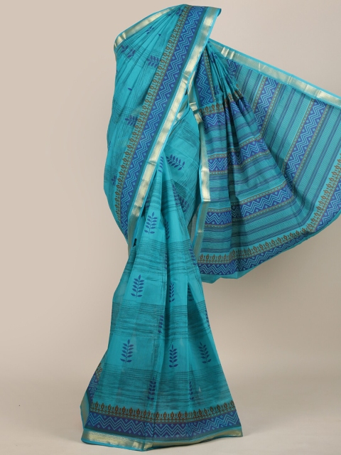 

Pothys Blue & Brown Ethnic Motifs Zari Chanderi Saree