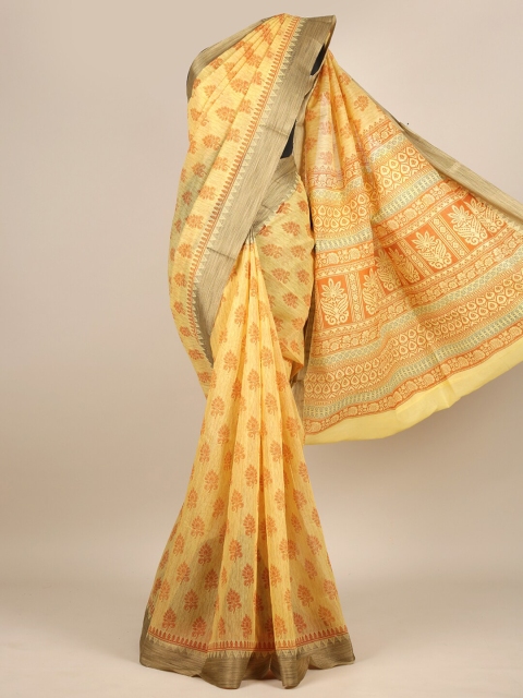 

Pothys Yellow & Orange Floral Zari Chanderi Saree