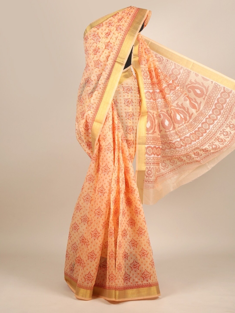 

Pothys Peach-Coloured & Brown Ethnic Motifs Chanderi Saree