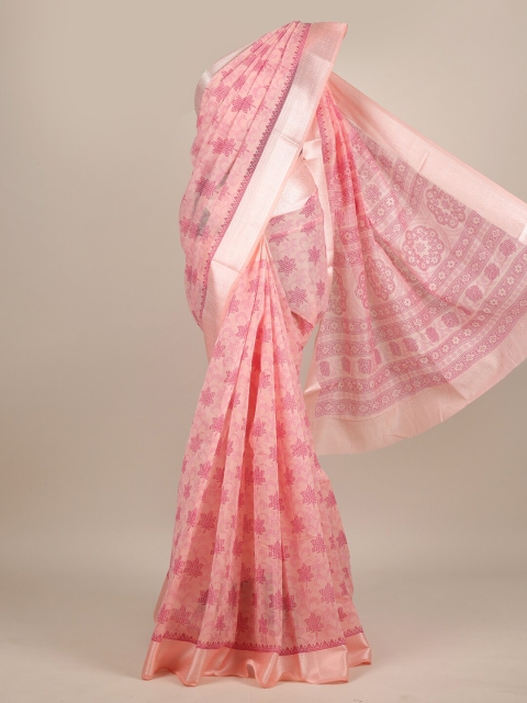 

Pothys Pink & Silver-Toned Floral Zari Chanderi Saree