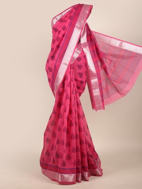 

Pothys Pink & Silver-Toned Ethnic Motifs Chanderi Saree