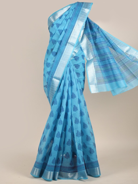 

Pothys Blue & Gold-Toned Ethnic Motifs Chanderi Saree