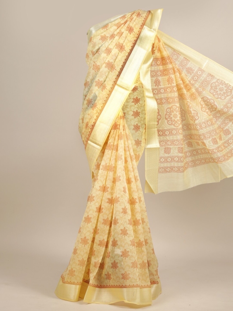 

Pothys Yellow & Brown Ethnic Motifs Zari Chanderi Saree