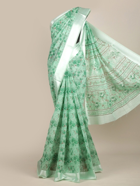 

Pothys Green & Silver-Toned Floral Chanderi Saree