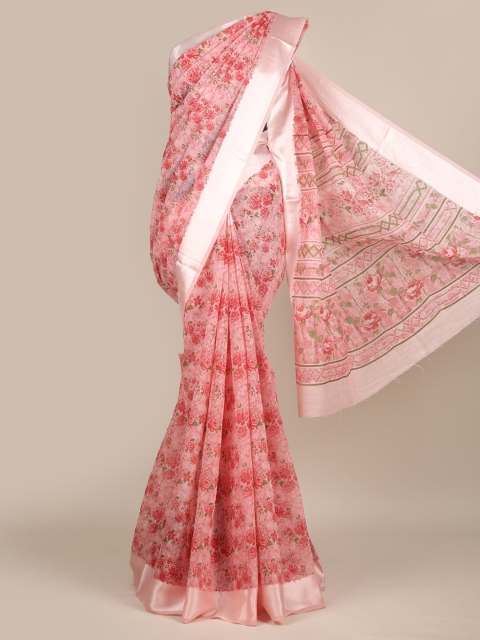 

Pothys Pink & Olive Green Floral Chanderi Saree