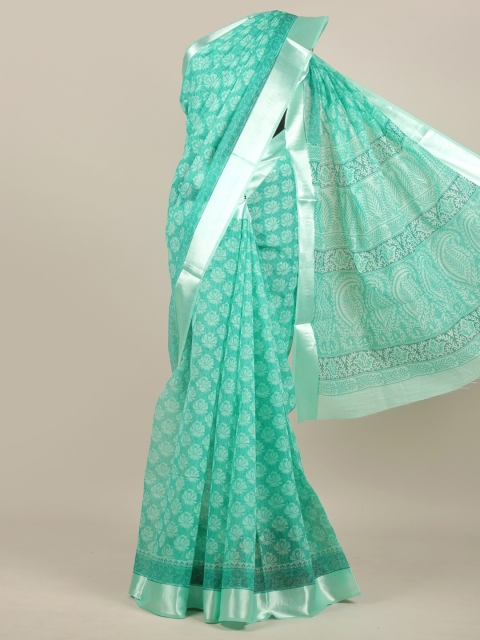 

Pothys Sea Green & Off White Ethnic Motifs Chanderi Saree