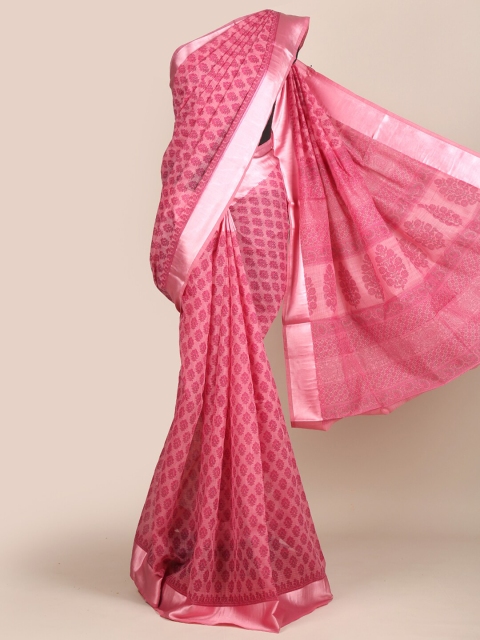 

Pothys Pink & Silver-Toned Ethnic Motifs Zari Chanderi Saree
